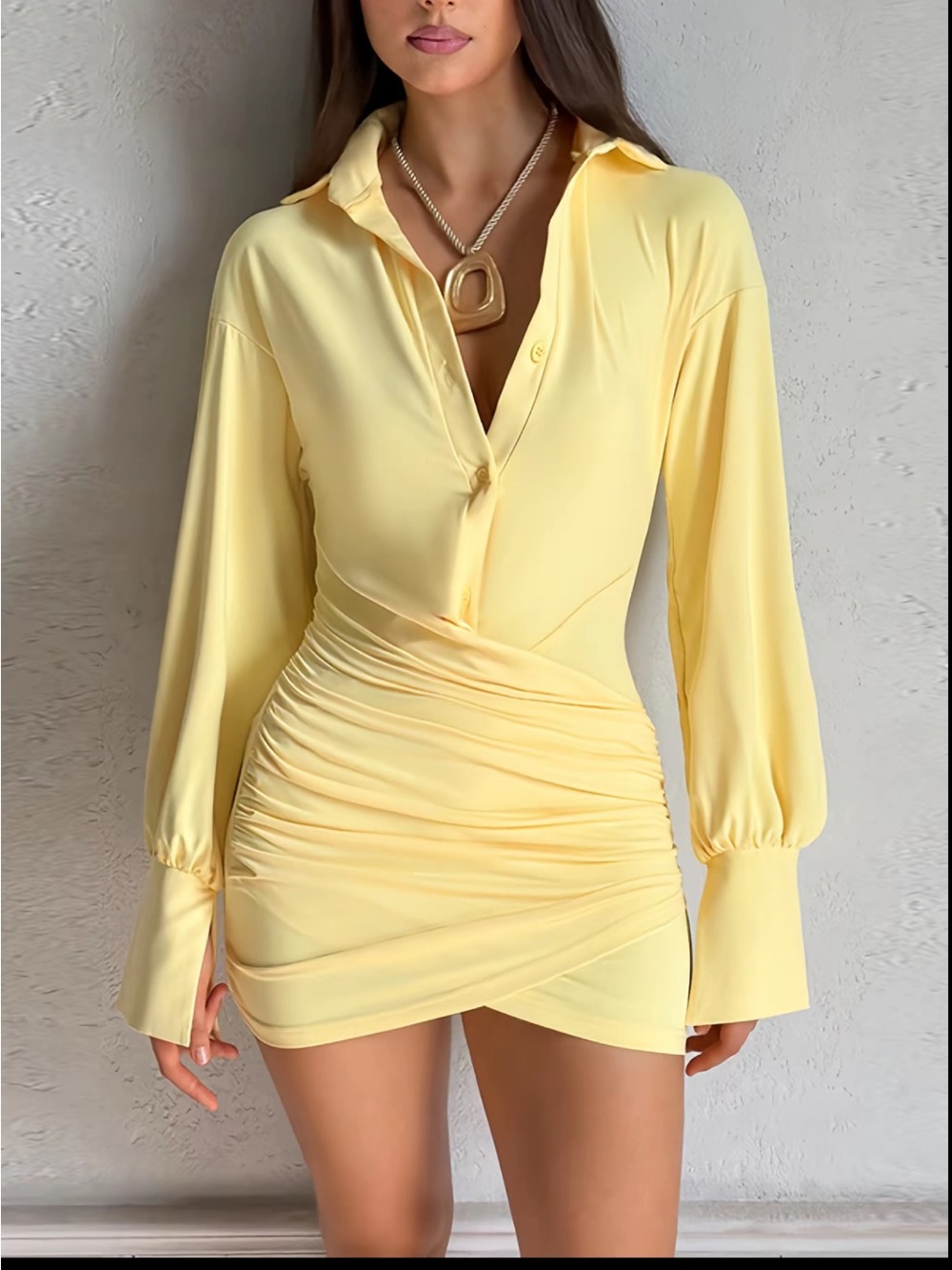 Yellow Ruched Shirt Dress - Women's Elegant Collared Mini